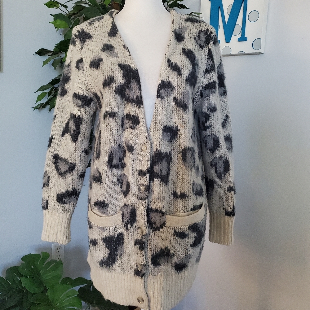 FREE PEOPLE Out Of Africa Wool Blend Oversized Leopard Cardigan XS